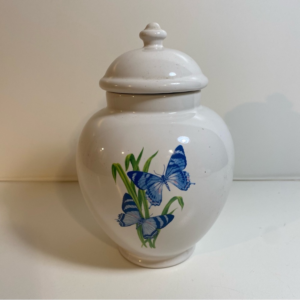 Vintage 60’s FTD Blue Butterfly Ginger Jar Vase with Lid